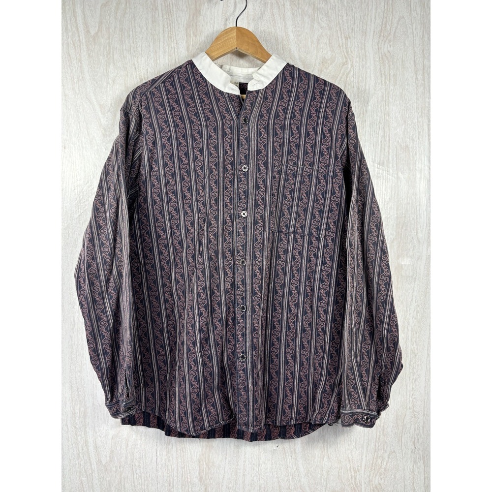 Vintage Wah Maker Frontier Banded Collar Shirt Mens L Blue Striped Western USA